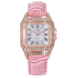 Women's rose gold square quartz watch with full crystal bezel and pink leather strap