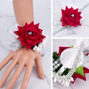 Red rose bridal wrist corsage with sparkling crystal rhinestones and silver ribbon bow