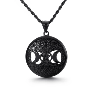 Viking Tree of Life necklace with black pentagram and moon pendant on braided chain