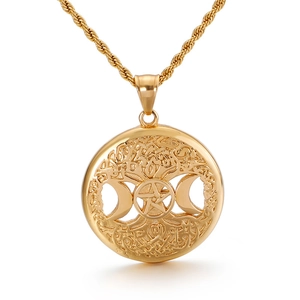 Golden Viking Tree of Life necklace with Wiccan triple moon and pentagram pendant
