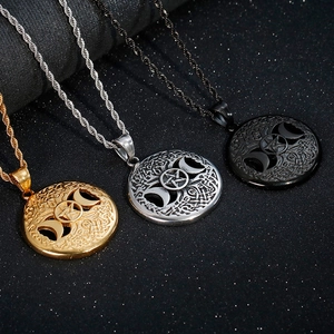 Triple Moon Goddess necklaces in gold, silver, and black finish with Celtic knots