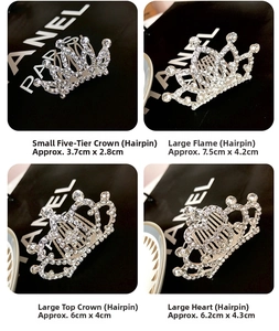Detail view of four crystal rhinestone tiara hair combs for girls in various designs