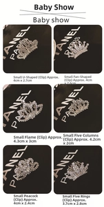 Detail view of six mini rhinestone crown hair combs with various elegant designs for girls