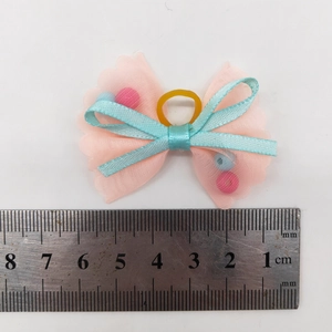 5cm pink mesh and cyan silk dog bow with colorful beads and measurement scale