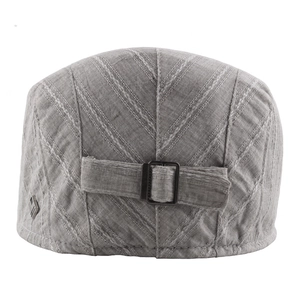 Gray cotton linen beret hat with diagonal twill texture and metal back adjustment buckle