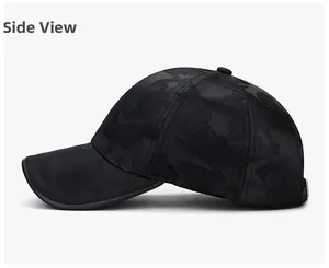 Side view of breathable mesh baseball cap with dark camouflage pattern and metal buckle