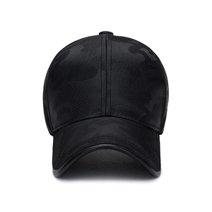 Classic black camouflage baseball cap with breathable fabric and curved brim for outdoor sports