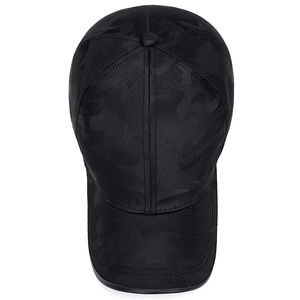 Top view of black camo baseball cap with mesh texture and curved brim for outdoor sports