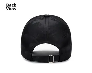 Detail view of the black camouflage baseball cap featuring a back metal adjustable strap buckle