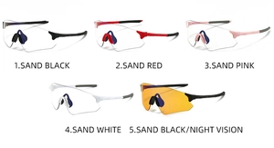 Five styles of cycling glasses with semi-rimless frames and colored lenses shown on white