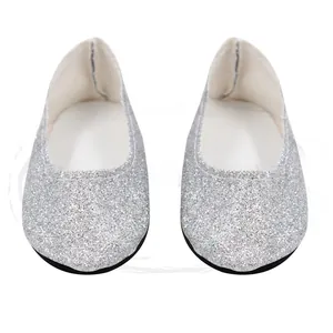 Detailed top view of 18 inch doll shoes featuring silver glitter sequin ballet flats