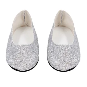 Silver sequin round toe doll shoes for 18 inch dolls on a clean white background