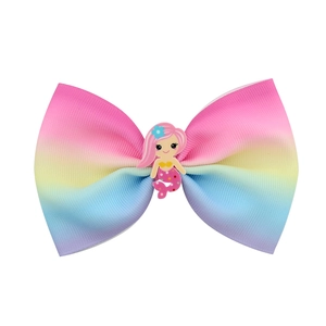 Rainbow gradient ribbon hair bow with a cute cartoon mermaid doll for kids
