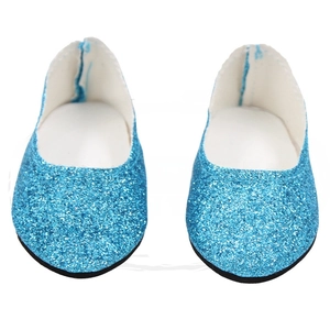 Detail shot of bright blue sequin doll shoes for 18 inch American Girl accessories