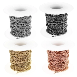 Detail of four bulk stainless steel O-chains on spools in silver, black, gold and rose gold