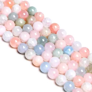 Polished natural morganite round beads in pastel macaroon colors for DIY jewelry