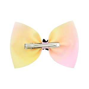 Pink and yellow gradient ribbon bow hair clip with silver metal duckbill clip back