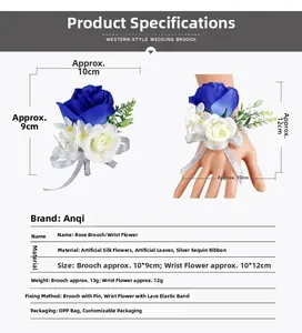 Detailed view of artificial royal blue rose brooch and wrist flower with dimensions