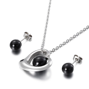 Stainless steel heart pendant necklace and round black bead earrings jewelry set