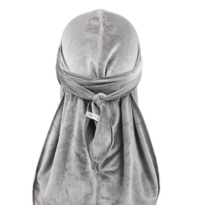 Detail of the back knot and premium velvet texture on this light gray seamless durag