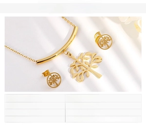 Detail view of the stainless steel gold tree of life necklace and earring jewelry set