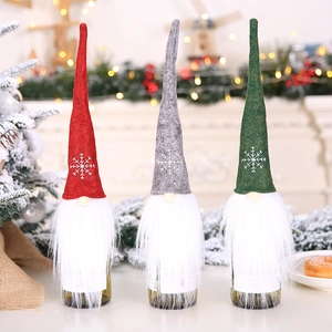 Christmas Gnome Wine Bottle Cover Felt Snowflake Embroidered Wine Bottle Topper With Faux Fur Beard North European Style Holiday Decoration