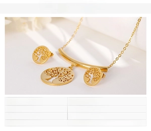 Detailed view of gold stainless steel tree of life necklace and earring jewelry set