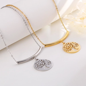 Elegant Tree of Life necklace set in gold and silver finish with minimalist bar pendant
