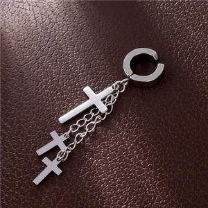 Punk style silver titanium steel ear cuff with three dangling cross chains on leather