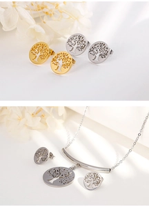 Detailed view of silver Tree of Life necklace and matching stud earrings on white fabric