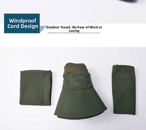 Detail of army green outdoor sun hat with detachable face mask and neck protection cover