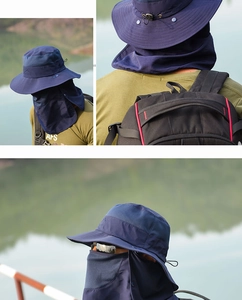 Detail of navy sun hat with breathable mesh, detachable face mask and neck flap