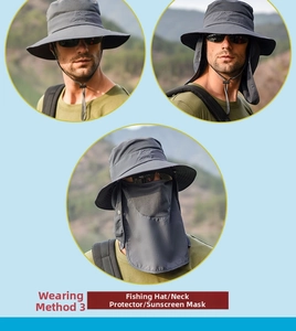 Detailed view of the 3-in-1 outdoor sun hat with neck flap and face mask in grey