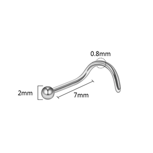 Detailed sizing diagram of 0.8mm gauge silver stainless steel nose stud with 2mm ball