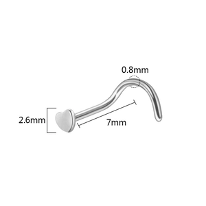 Detail showing heart nose stud dimensions 2.6mm width and 0.8mm gauge in silver steel