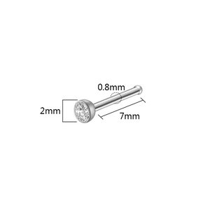 Detailed size specifications of the stainless steel nose stud with 2mm clear zircon stone