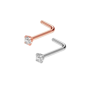 L-shaped stainless steel nose studs with clear zircon in silver and rose gold finish