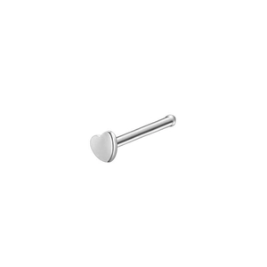 Macro detail of a silver heart-shaped stainless steel nose stud on white background