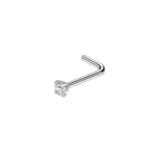 L-shaped stainless steel nose stud with a clear round cubic zirconia stone on white background