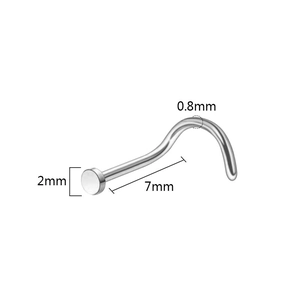 Detailed view of silver stainless steel nose stud with 2mm head and 7mm length dimensions