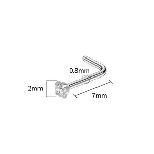 Detailed view of L-shaped silver nose stud with 2mm zircon and 0.8mm gauge thickness