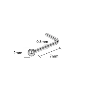 Detailed view of silver L-shaped nose stud with 0.8mm gauge and 2mm ball size specs