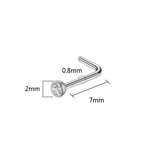 L-shaped stainless steel nose stud with 2mm clear zircon and 0.8mm gauge detail