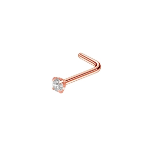 Detailed close-up of a rose gold L-shaped nose stud with a round clear cubic zirconia stone