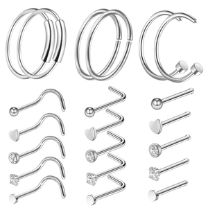 Polished stainless steel nose rings set with clear cubic zirconia heart and ball designs
