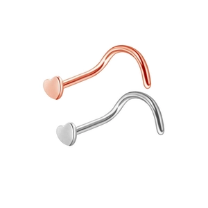 Detail of rose gold and silver heart-shaped stainless steel nose studs in S-curve design