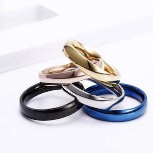 Polished 4mm minimalist stainless steel rings in five colors on a clean background