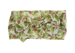 Soft nylon baby headband with green leaves and pink flower print and large bow detail