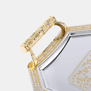 European style silver stainless steel fruit tray with golden engraved handles and edges