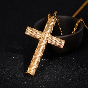 Men's gold titanium steel cross pendant necklace with diamond pattern texture